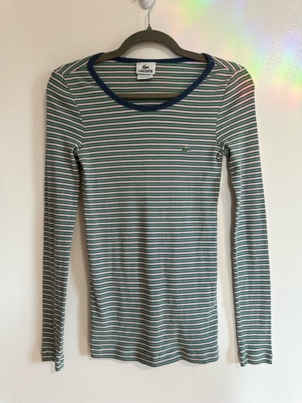 Lacoste Striped Rib Knit Long Sleeve Top, Pink and Green, US Size XS